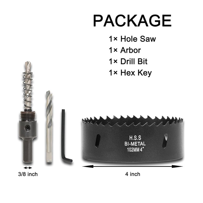 VIKITON 4 Inch Hole Saw with Arbor for Wood Metal Plastic, 4 in Bimetal Hole Cutter, Fast Chip Removal, Smooth Flat Drilling Edge, Lightweight & Portable (Black) - Image 3